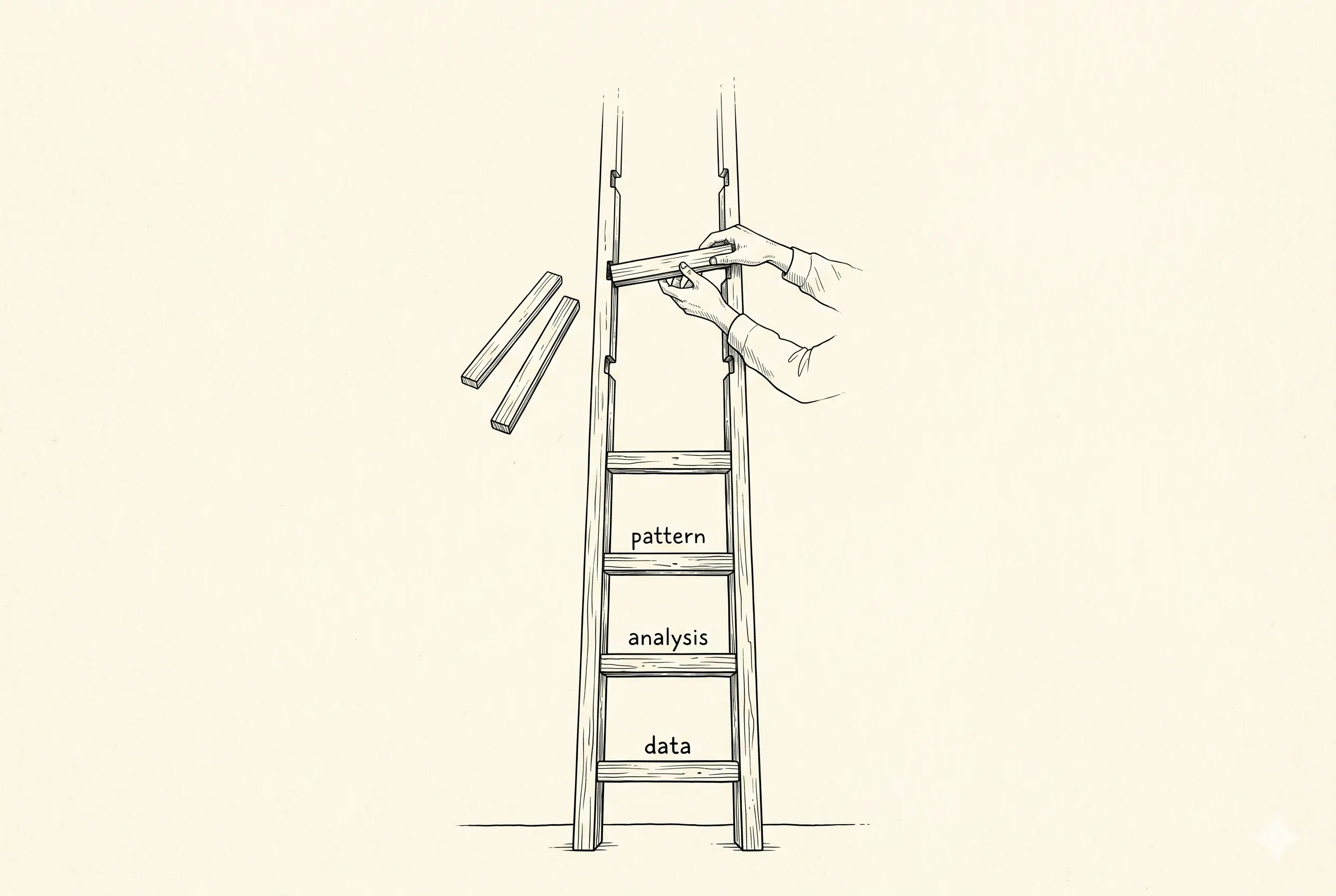 A half-built ladder: the lower rungs finished and labelled with single concept words, the top rungs still being fitted into place by a pair of hands.