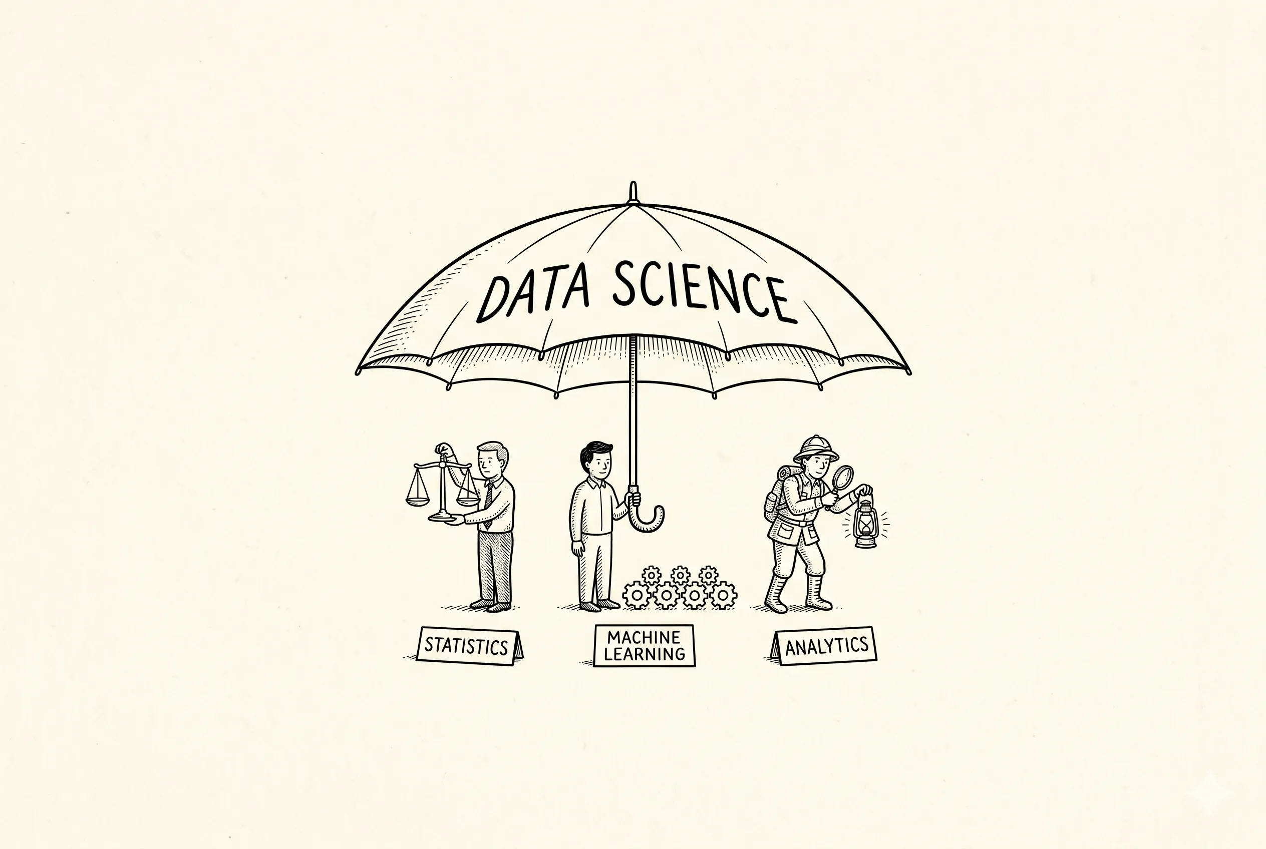 One umbrella labelled "Data Science" shelters three figures — Statistics, Machine Learning, and Analytics — each holding the tool that fits its job.