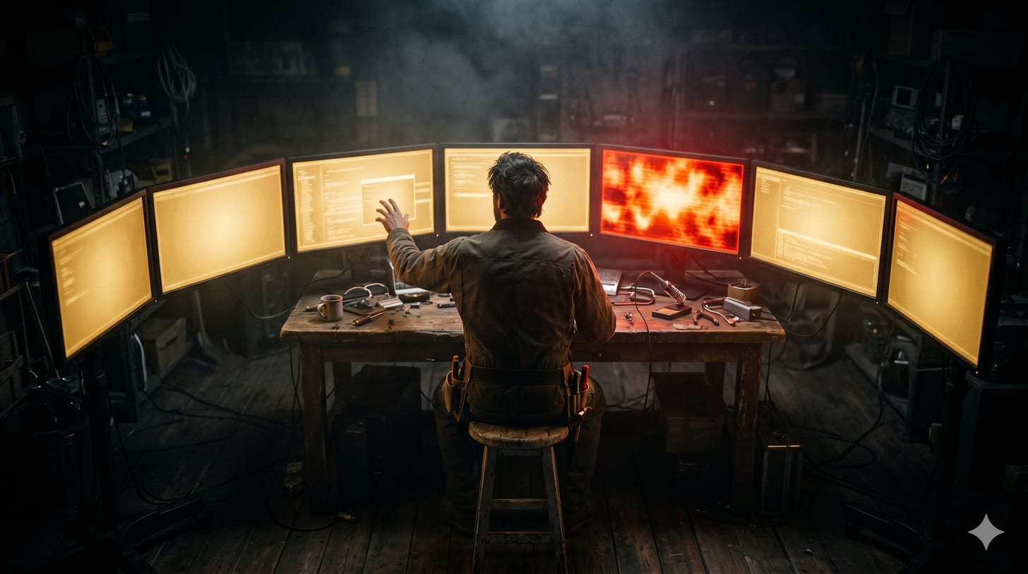 Six screens reviewing one change: five lit gold and calm, one blaring red. The work isn't flinching at the red. It's asking which red the others also saw.