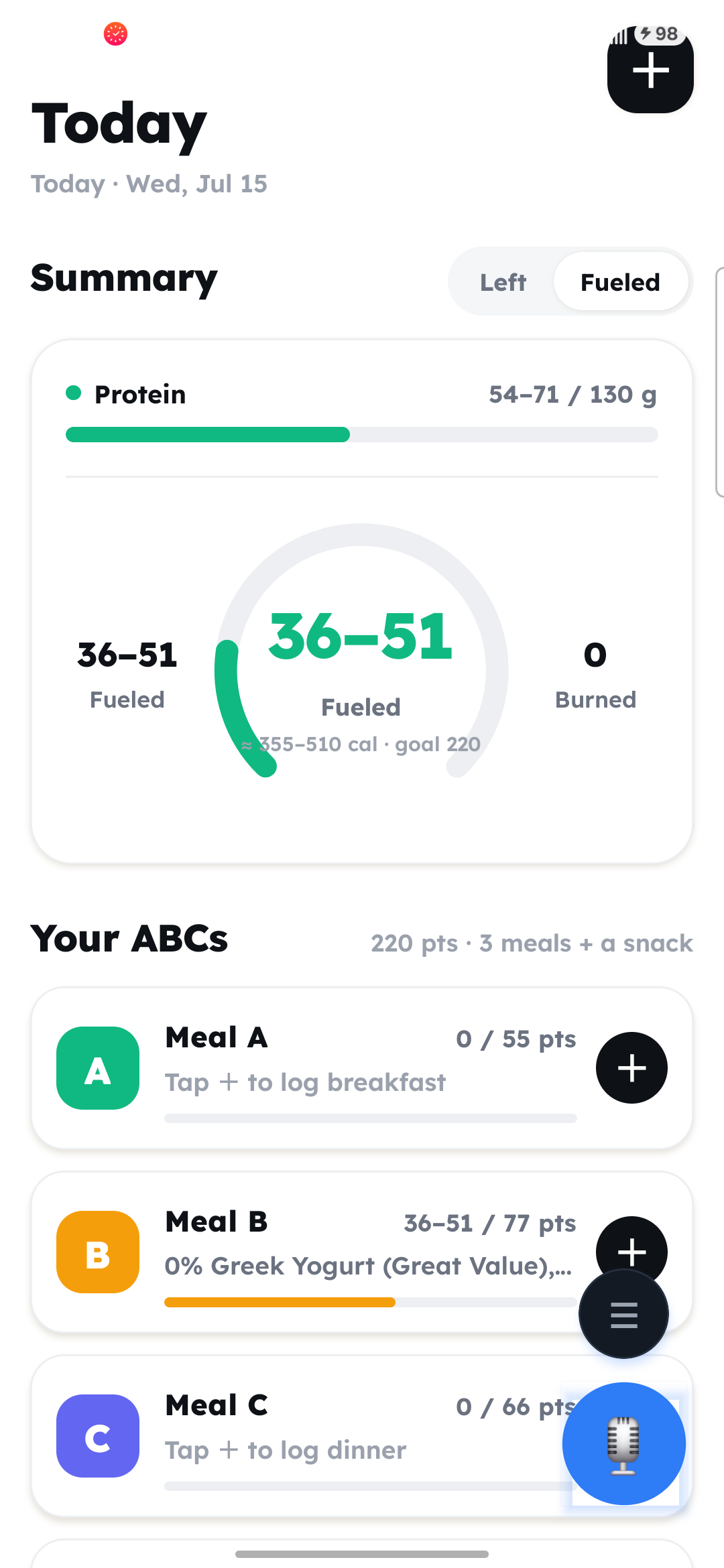 The white Fuel dashboard: a green ring of Fuel Points and the A/B/C/S meal slots