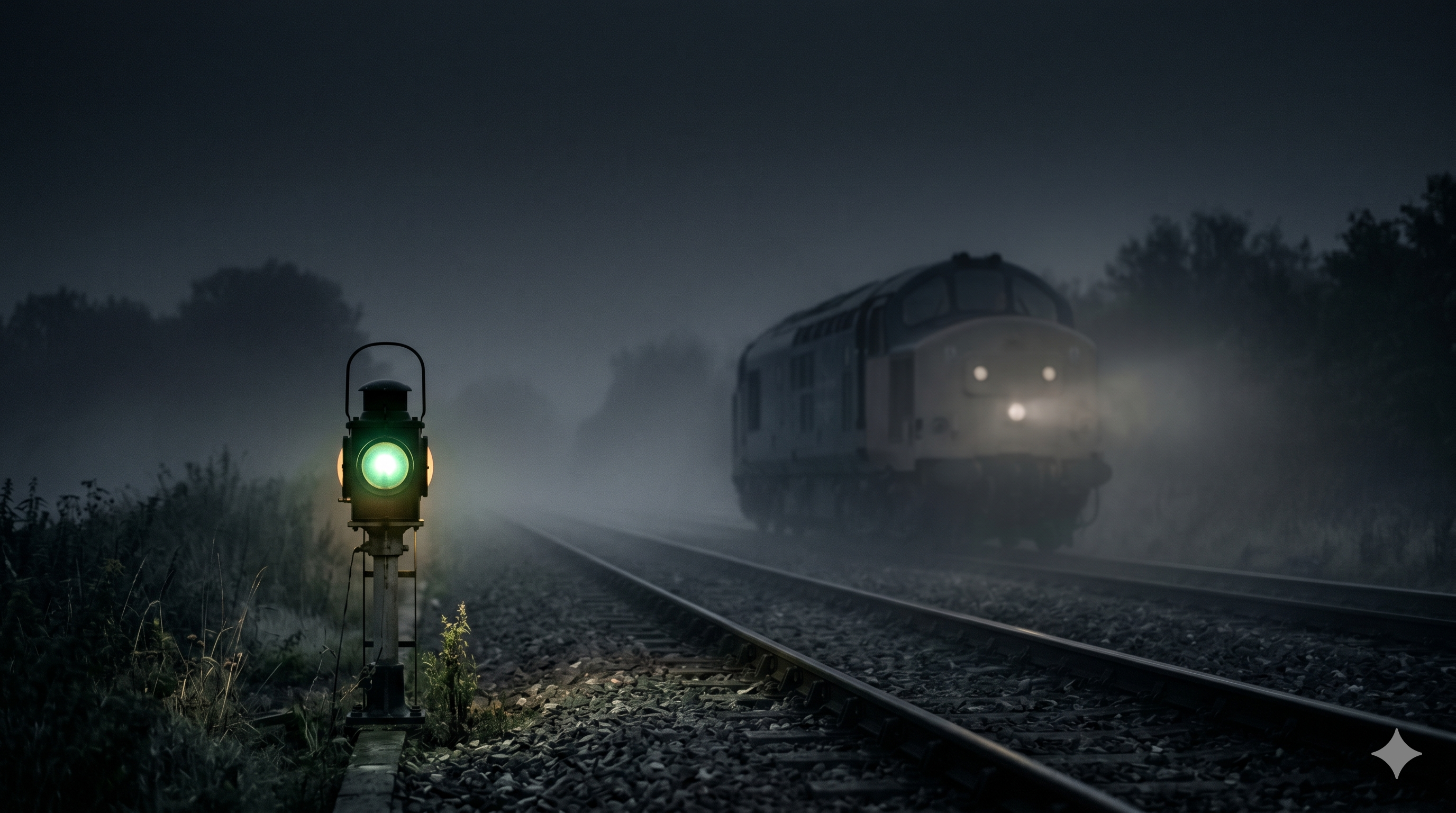 A locomotive feeling its way through fog. One green lamp on the signal says proceed; every other state of it says stop. Cite, or stay silent.