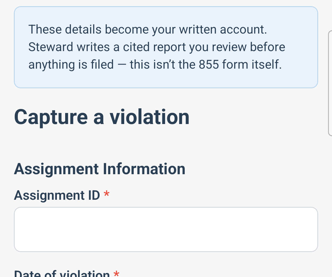 The capture screen of a rail grievance app: an honest banner reads that these details become the member's written account and this is not the filed form, above the first fields of a violation-capture form.
